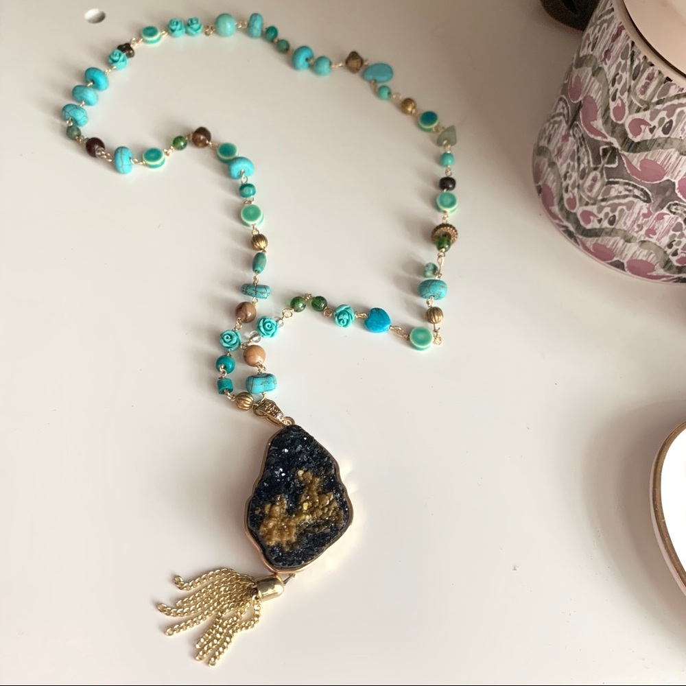 Handmade Beaded Necklace w/ Geode Pendant
